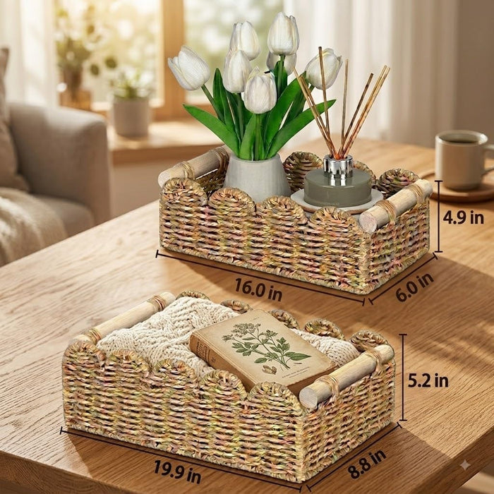 2 Set Scalloped Wicker Storage Baskets for Shelves,For Home Decor, Toilet