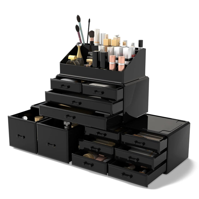 Makeup Cosmetic Organizer Storage Drawers Display Boxes Case with 12 Drawers (Black)