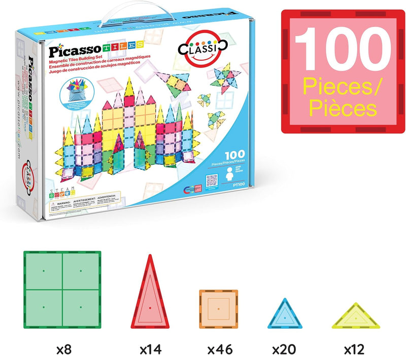 100 Piece Magnetic Tiles, Clear 3D Building Blocks for Kids 3+