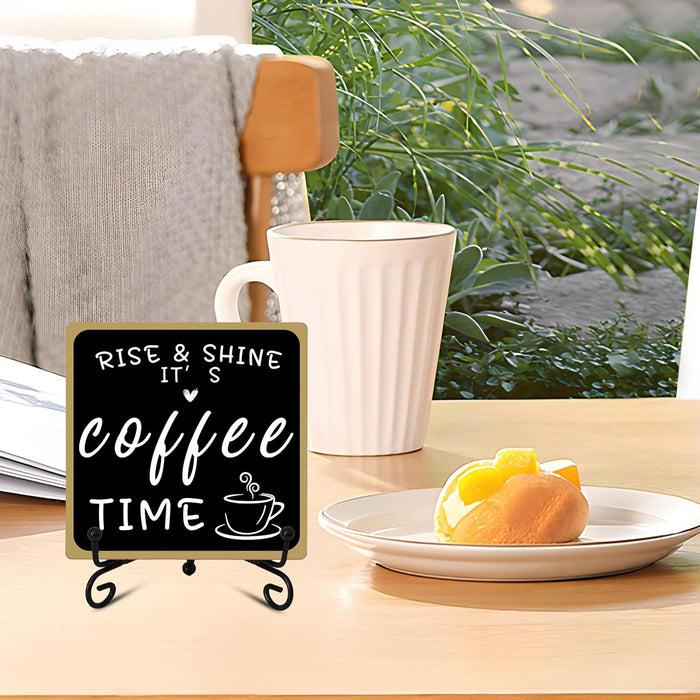 Wooden Coffee Bar Sign Coffee Bar Decor, Coffee Bar Decorations Black and White with Iron Stand Bar Tabletop Shelf Accessories, Coffee Signs Decors for Coffee Station Home Farmhouse Kitchen & Office