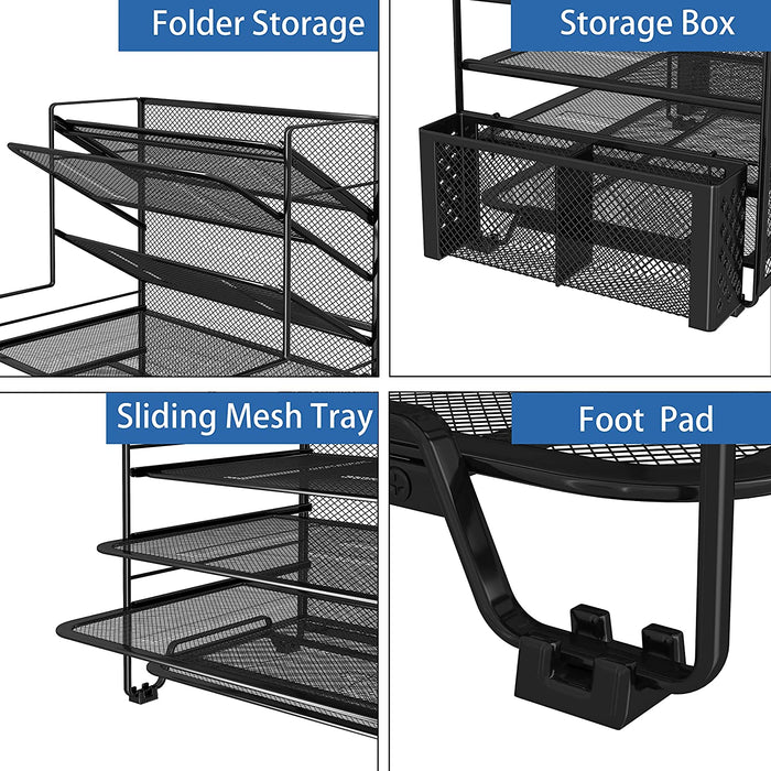 7 Tier Desk File Organizer, Letter Tray Paper Organizer with Pen Holder and Metal Hanging Basket, Black