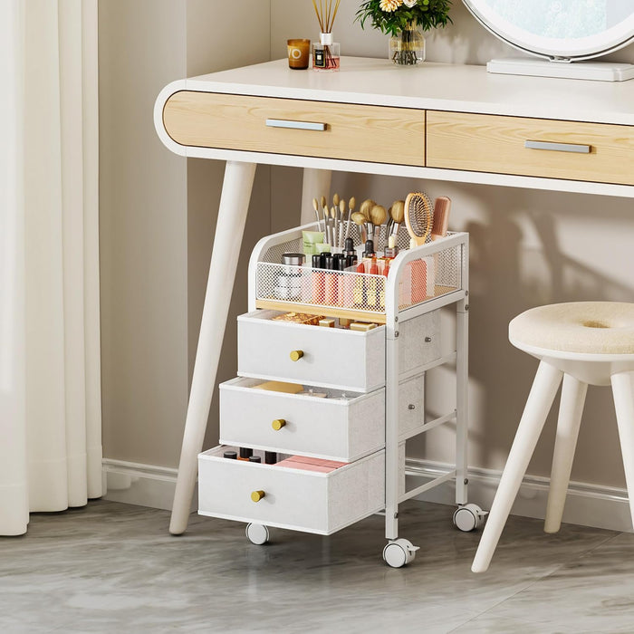 Rolling Makeup Organizer Cart - Under Desk Vanity Makeup Storage with 3 Non-woven Drawers, Nail Cart Organizer Cosmetic Display Cases Cabinet for Skin Care Perfume Nail Polish Brush Hair Tool