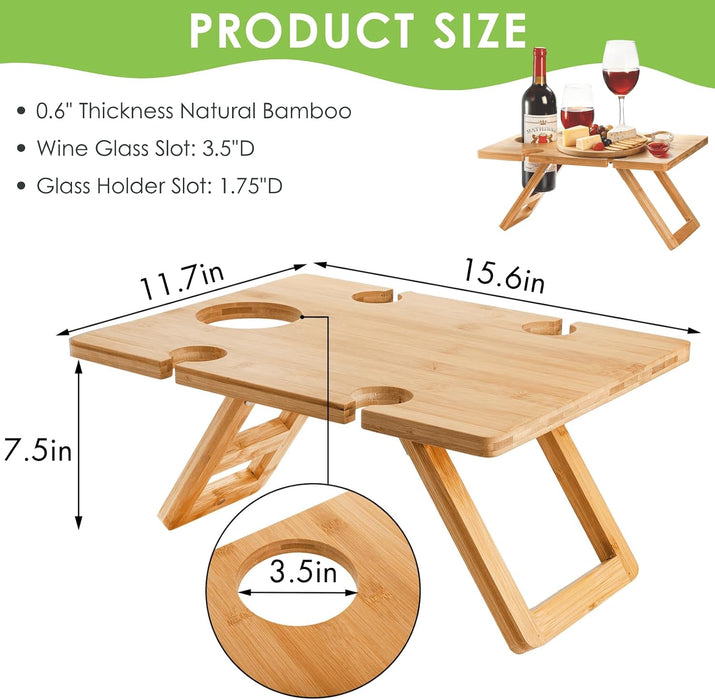 Portable Wine Picnic Table with 5 Wine Glasses Holder, Foldable Champagne Picnic Snack Table, Wine and Cheese Table for Picnic, Camping, Park, Beach, Wine Lover Gift
