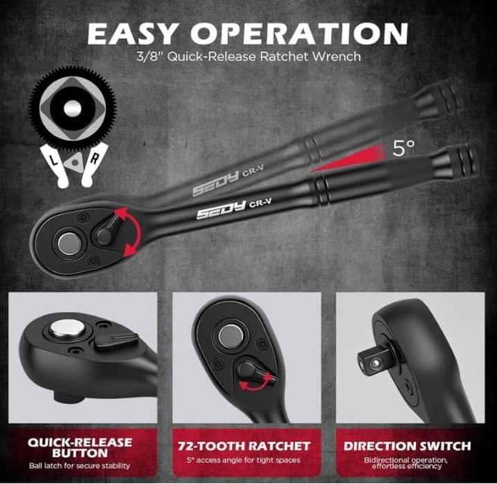 96-Piece 3/8" Drive Impact Socket Wrench and Bit Set, SAE 5/16”-3/4” & Metric 8-22mm, Cr-V Standard & Deep Sockets, Powe