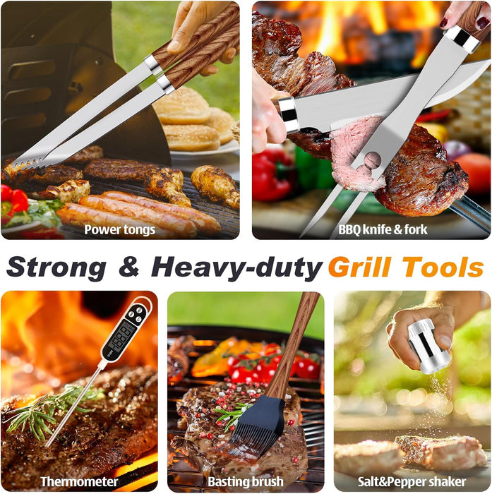26pcs Grilling Gifts for Men, Dad Gifts for Father's Day, Stainless Steel BBQ Grill Accessories Tools Set, Heavy Duty BBQ Utensils Kit with Apron, Thermometer, Mats in Aluminum Case Brown