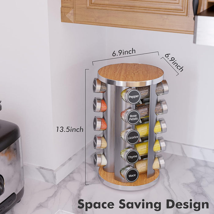 Revolving Spice Rack Set with 20 Spice Jars, Kitchen Spice Tower Organizer for Countertop or Cabinet -- Carousel Storage