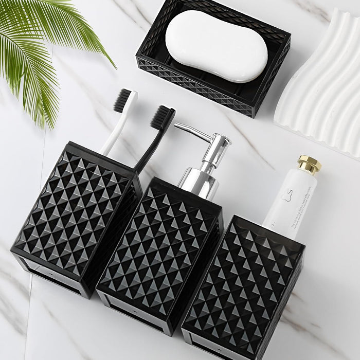 Black Bathroom Accessories Set, 4 Pack Matte Black Bath Accessory Sets Complete, Acrylic Soap Dispenser and Toothbrush Holder Set for Bathroom Counter Sink, Modern Bathroom Decor