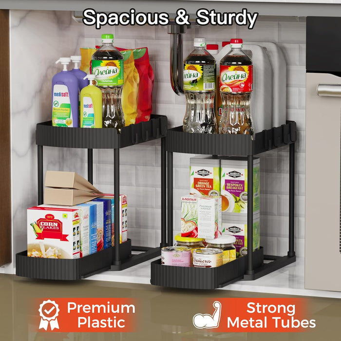 2 Packs Under Sink Pull-Out Storage Organizers, 12.8 Inches, Black