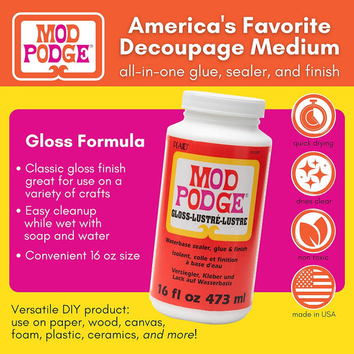 Gloss Sealer, Glue & Finish: All-in-One Craft Solution- Quick Dry, Easy Clean, for Wood, Paper, Fabric & More. Non-Toxic - Craft with Confidence, Made in USA, 16 oz., Pack of 1