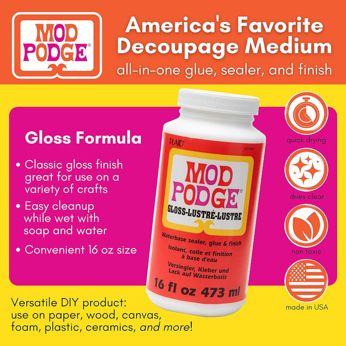 Gloss Sealer, Glue & Finish: All-in-One Craft Solution- Quick Dry, Easy Clean, for Wood, Paper, Fabric & More. Non-Toxic - Craft with Confidence, Made in USA, 16 oz., Pack of 1