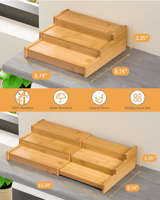 Spice Rack 3-Tier Natural Bamboo, Adjustable Cabinet Organizer Shelf