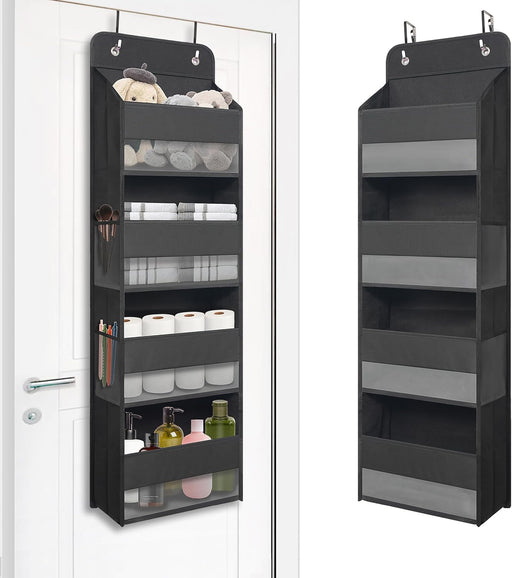 Black Over Door Organizer with 4 Front Pockets and 4 Side Mesh Pockets, Compact Hanging Door Storage for Closet, Bathroom, Bedroom, Dorm, Nursery, Toys, Cosmetics, Baby Essentials
