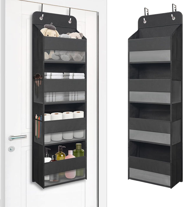 Black Over Door Organizer with 4 Front Pockets and 4 Side Mesh Pockets, Compact Hanging Door Storage for Closet, Bathroom, Bedroom, Dorm, Nursery, Toys, Cosmetics, Baby Essentials