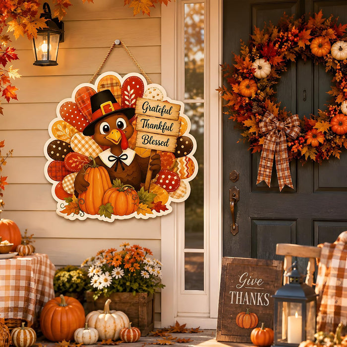 Thanksgiving Decorations - Turkey Pumpkin Wooden Sign for Front Door