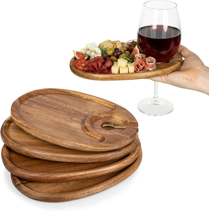 Wine Appetizer Plates, Set of 4 Wooden Cocktail Plates with Glass Holder, Mini Charcuterie Boards for Wine and Cheese Pa