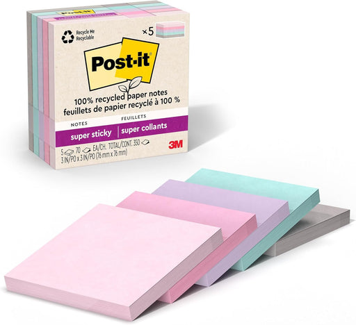Post-it 100% Recycled Super Sticky Notes, 3 x 3 in, Pastels, 5 Pads