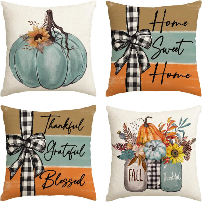 Fall Pumpkin Home Sweet Home Throw Pillow Covers, 18 x 18 Inch Autumn Thankful Grateful Blessed Harvest Floral Decoratio