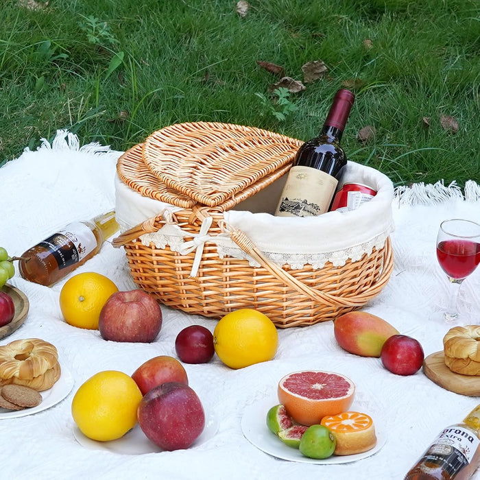 Wicker Picnic Basket with Liner, Empty Picnic Baskets with Lid, Cream