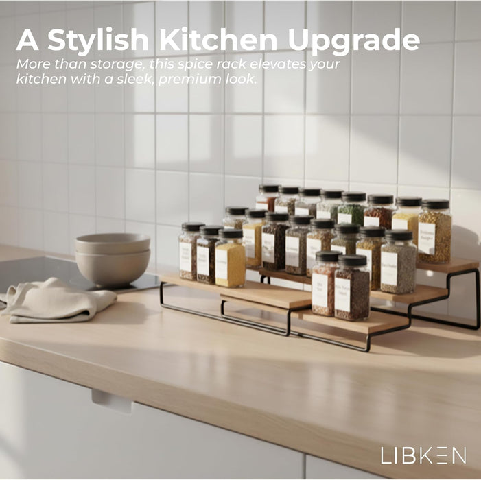 Tiered Spice Rack Organizer – Wood & Metal Countertop & Cabinet Spice Stand, Strong & Sturdy 3-Tier Shelf for Kitchen, Pantry, Seasoning Bottles – Minimal Scandinavian Design - Wood Brown