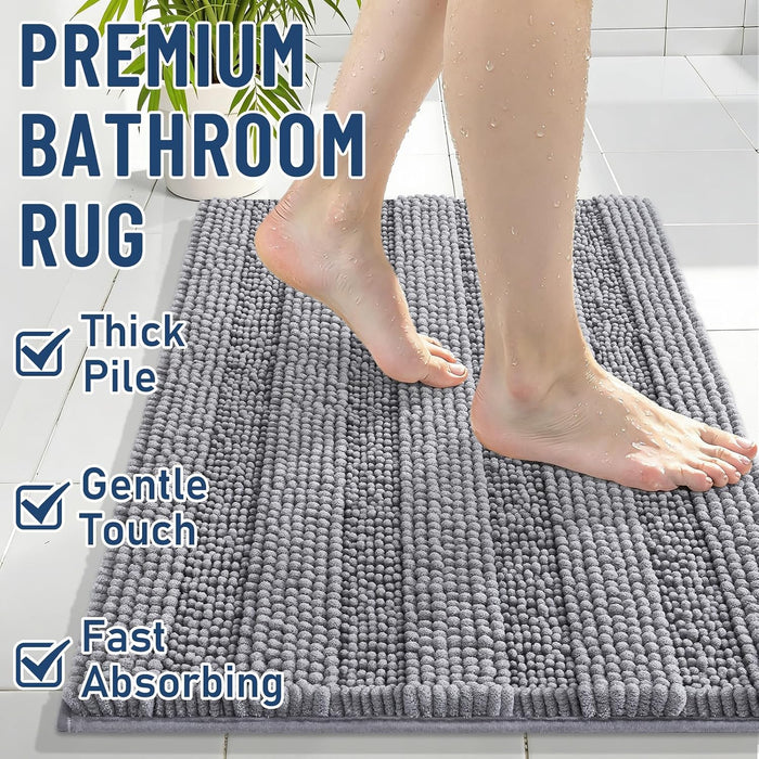 Chenille Bathroom Rugs 30x20, Soft Absorbent Bath Mats, Grey