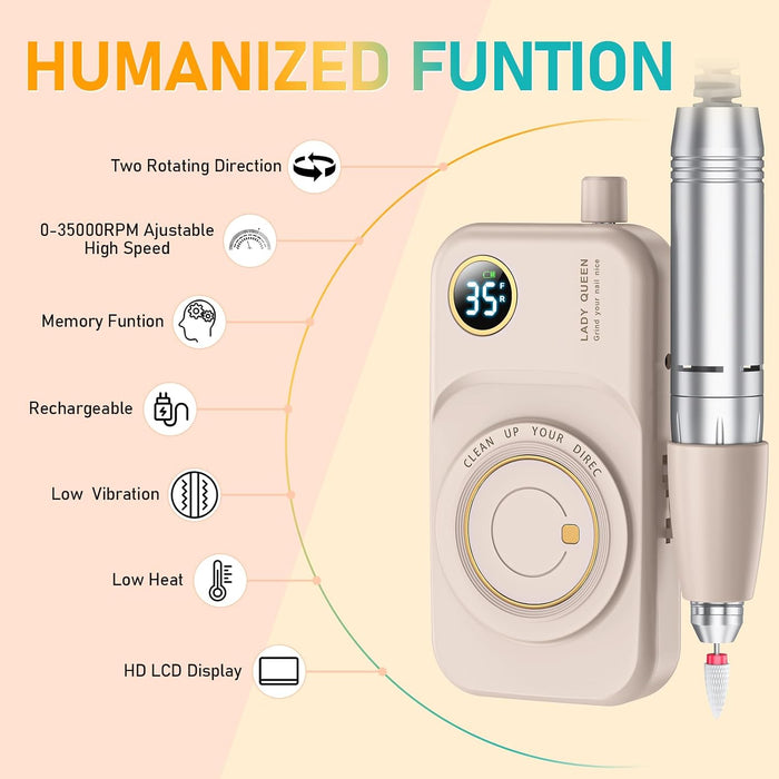 Portable Nail Drill Electric File: 35000RPM Professional Rechargeable Nail E File Machine,for Acrylic Nails Gel Polishin