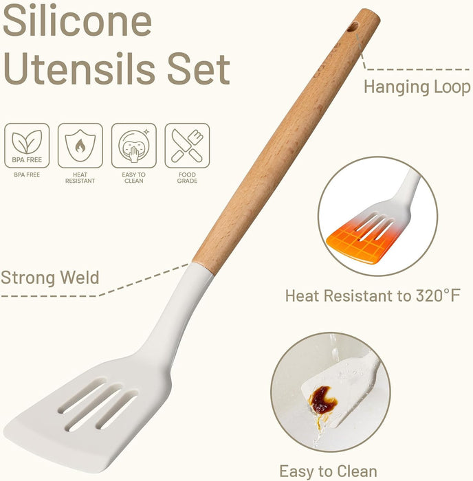 22-Piece Cooking Utensils Set with Wood Cool-Touch Handles, Cream