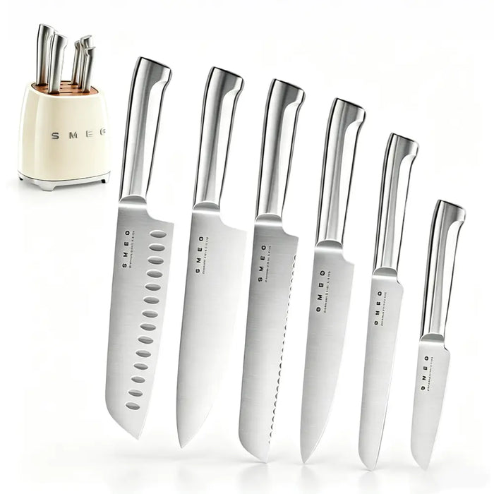 7-Piece Stainless Steel Knives Kitchen Set with Block - Retro 50S Aesthetic Countertop Set, 67-Layer Construction, Olive Design, Includes Chef, Bread, Santoku Knives, Multifunctional, Safe for Home Kitchen Use