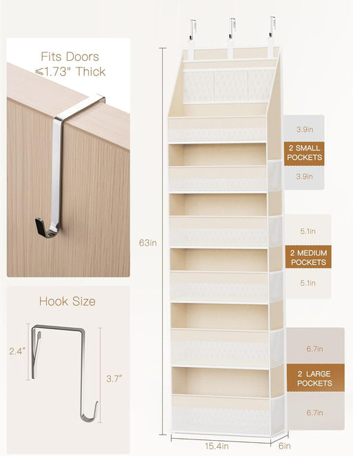 Over the Door Organizer, 6-Shelf Closet Hanging Storage with 13 Mesh Pockets, 55lbs Capacity Behind the Door Storage for