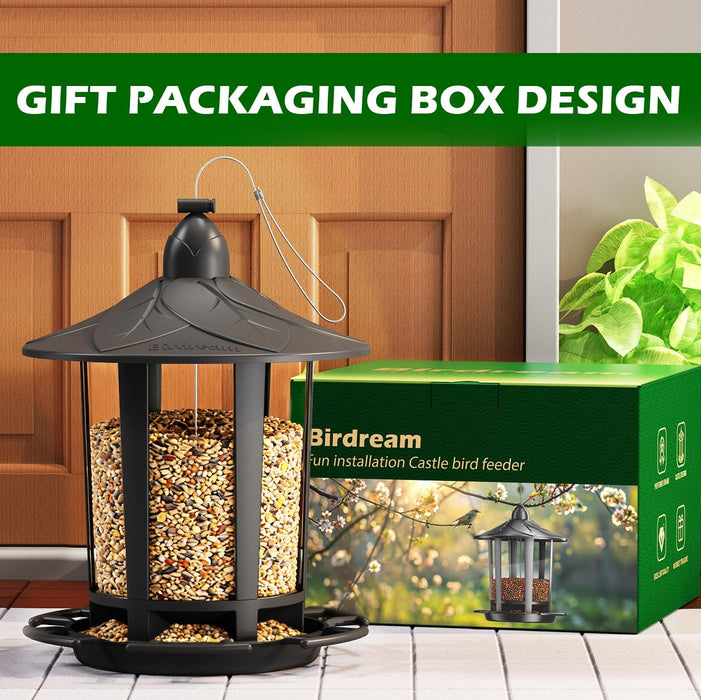 2 Pack Bird Feeders for Outdoor Hanging, Assembly Required, 1-Min Easy Setup, Charming Castle Design, Attracting Cardinals Chickadees Goldfinches & Sparrows - Black