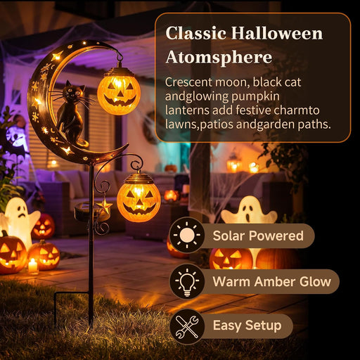 Solar Halloween Garden Stake Light Pumpkin Moon Waterproof Metal Black Cat