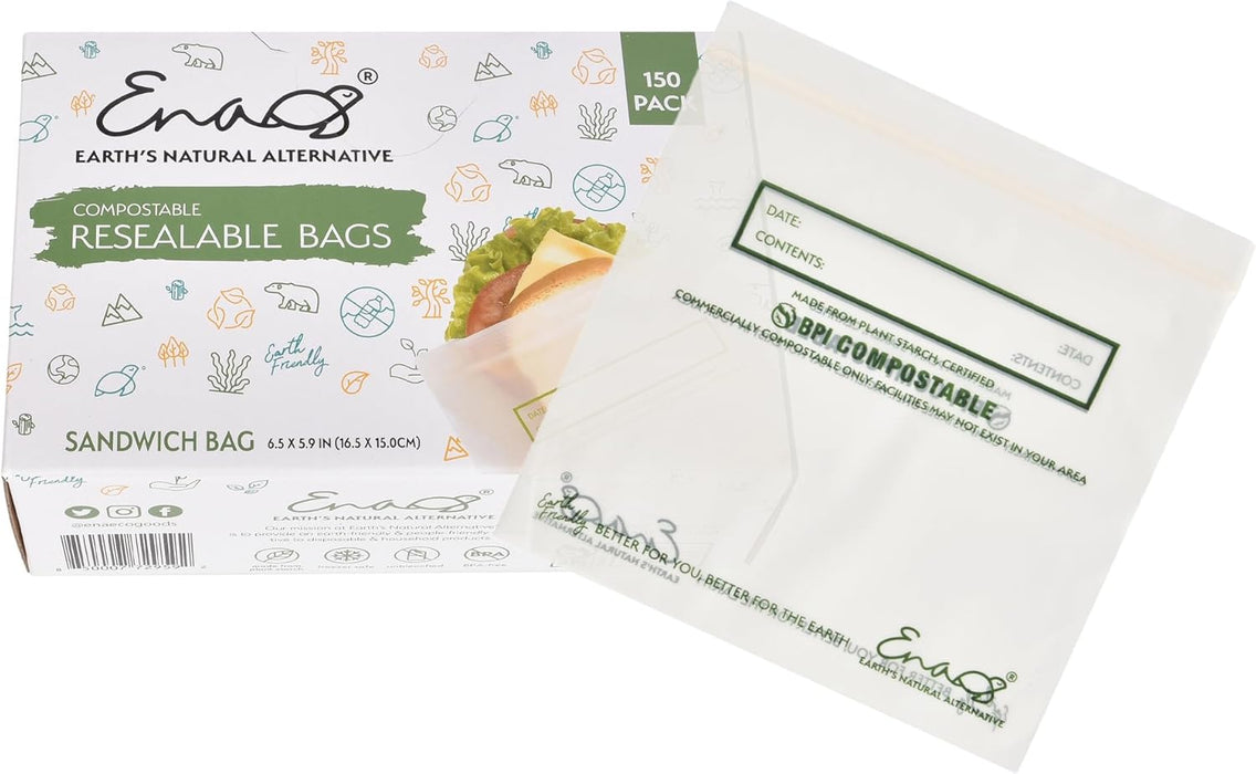 100% Compostable Food Storage Bags, Sandwich Size 150 Pack, Eco-Friendly Freezer Bags, Resealable, Heavy-Duty, Reusable, Leak Resistant, Off-White, Food Grade by