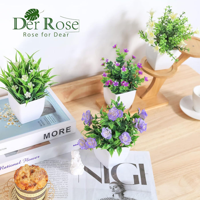 4 Pack Small Fake Plants with Flowers, Spring Home Bathroom Decor