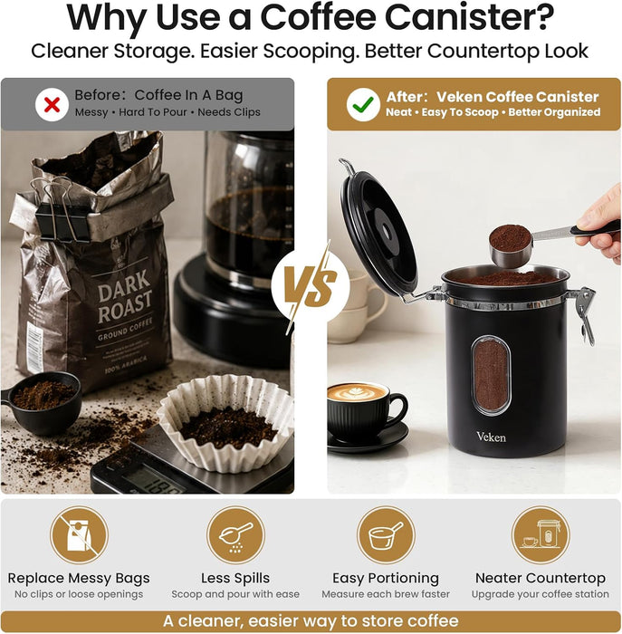 Coffee Canister with Window, Airtight Stainless Steel Container, 22OZ