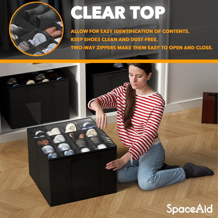Shoe Organizer for Closet, 2 Pack Foldable Shoe Storage Containers Baskets Boxes Bins w/Adjustable Dividers, Fits 16-32 Pairs, Black