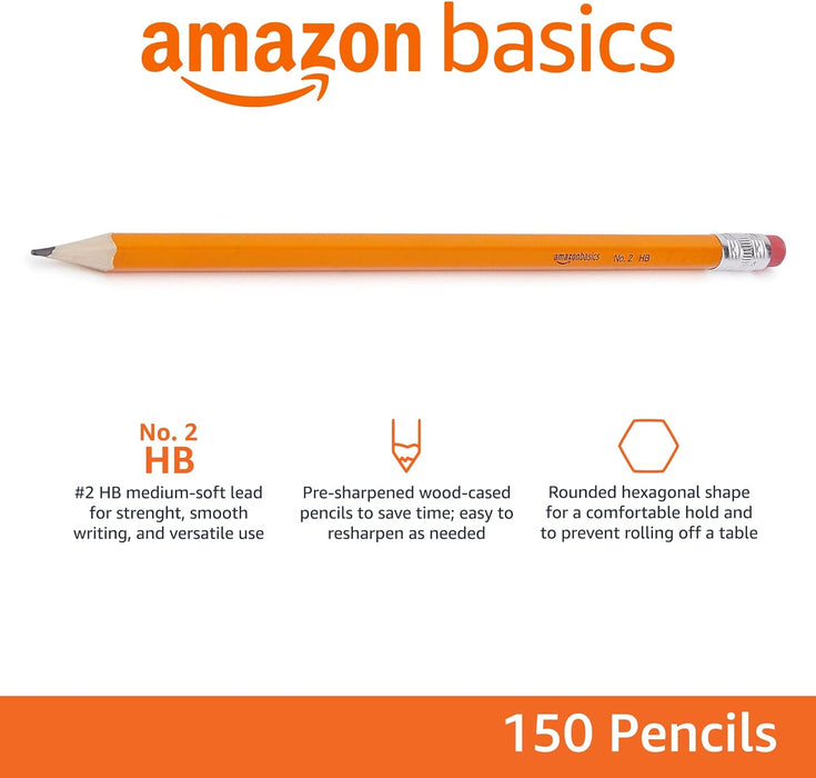 Wood-Cased #2 Pencils for Writing, Drawing and Sketching, Pre-sharpened, HB Soft Lead with Erasers, Teacher Supplies, 150 Count, Yellow