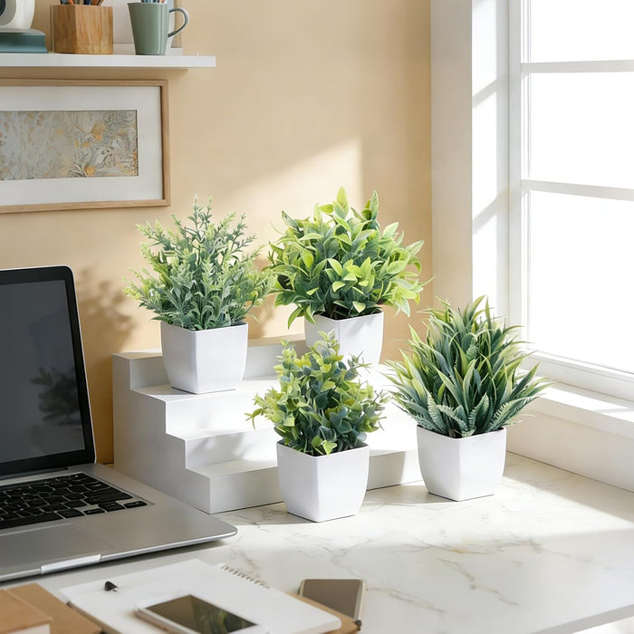 Fake Plants 4 Packs Small Artificial Plants Mini White Potted Greenery Bathroom Accessories Decorations for Desk Bathroom Office Home Room Kitchen Table Decor Indoor