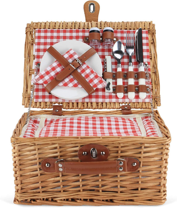 Wicker Picnic Basket for 2, Insulated Picnic Basket - Red Check