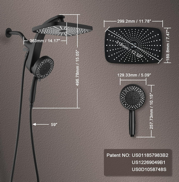 Rain Shower Head with Handheld Showerhead, Black 1.75GPM 460311