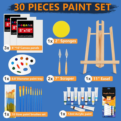 ACKASK Painting Kits for Adults Kids,Acrylic Paint Canvas Easel Set,30 Pcs Drawing Painting Supplies Art Kit,12 Paints,1