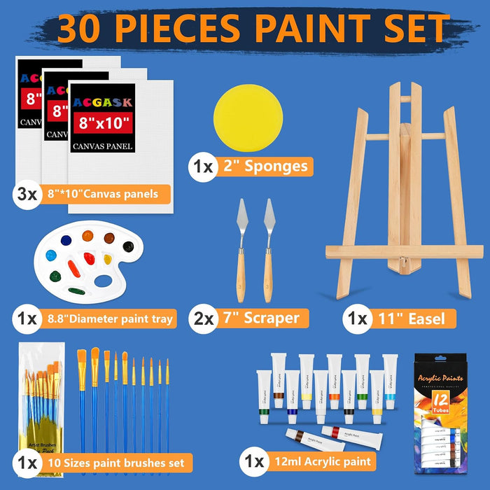 ACKASK Painting Kits for Adults Kids,Acrylic Paint Canvas Easel Set,30 Pcs Drawing Painting Supplies Art Kit,12 Paints,1