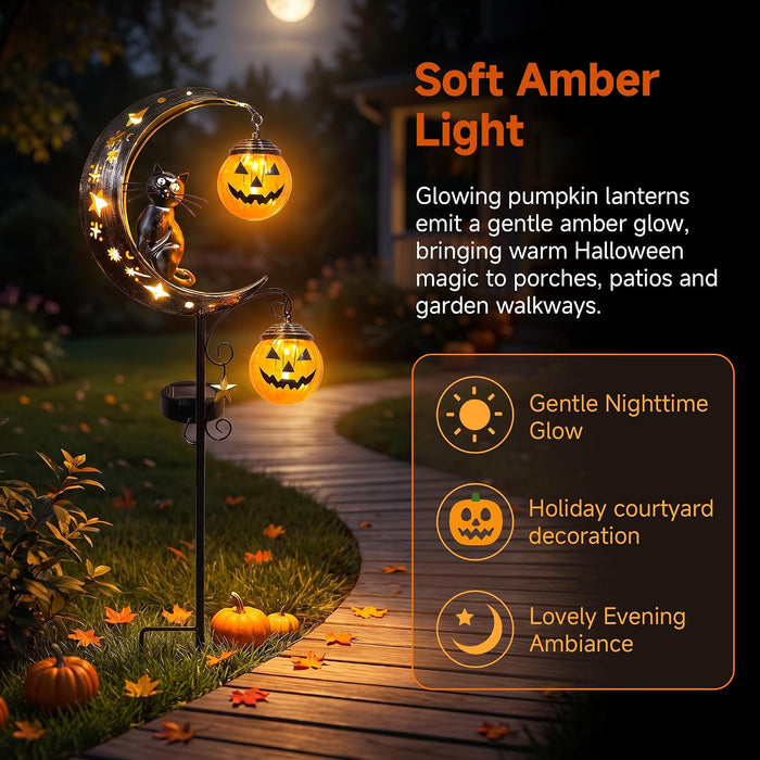 Solar Halloween Pumpkin Light, Black Cat Moon Garden Stake Light with 2 Pumpkin Lanterns, Waterproof Metal Solar Pathway