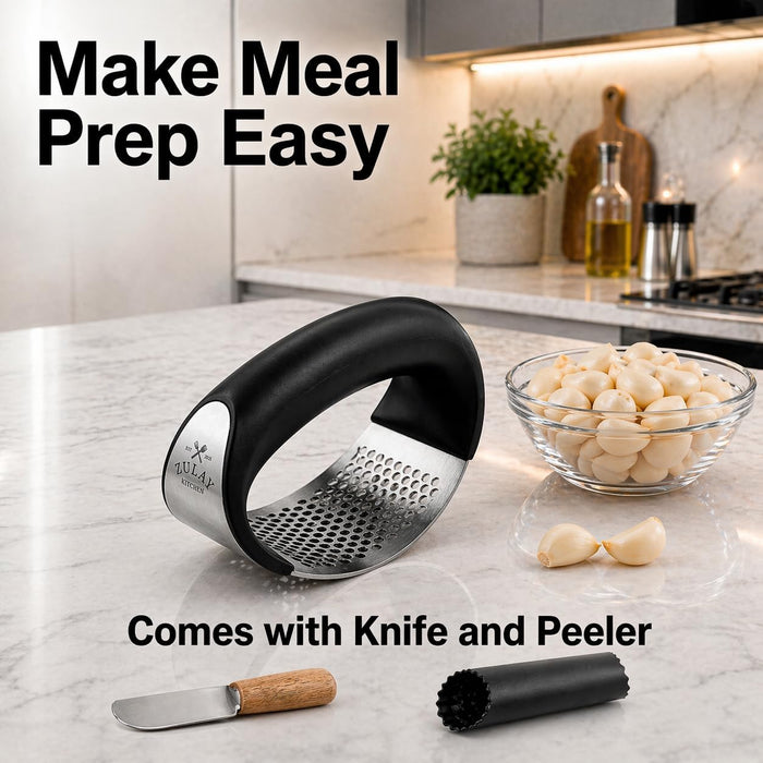 Stainless Steel Garlic Press Rocker Set - Premium Garlic Mincer Garlic Crusher - New Innovative Garlic Crusher with Peel
