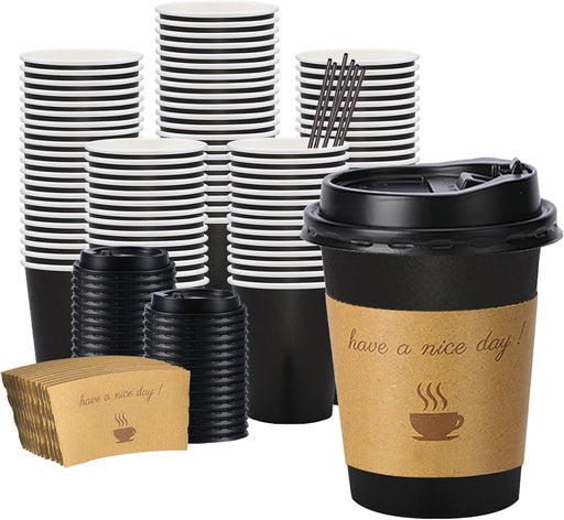 100 pack 12 oz Disposable Coffee Cups with Lids Thickened Hot Cups