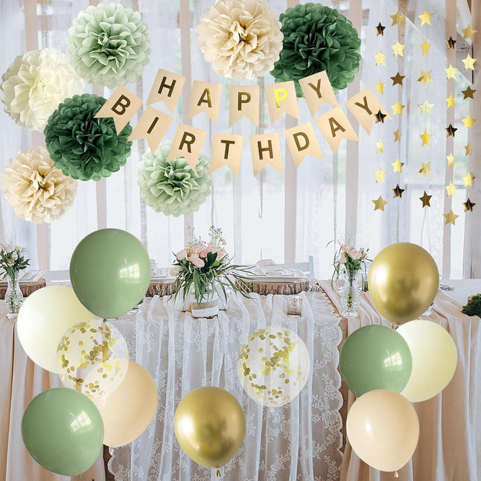 Sage Green Happy Birthday Party Decorations Retro Green Nude Ivory Dark Olive Kraft Paper Banner Balloons Neutral Rustic