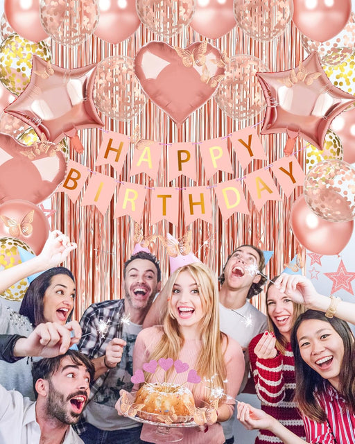 Rose Gold Happy Birthday Party Decorations with Banner Balloons for Women