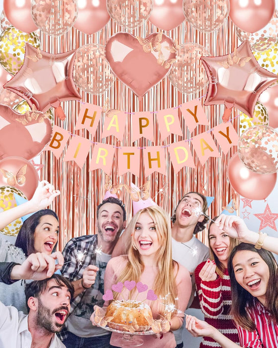 Rose Gold Happy Birthday Party Decorations with Banner Balloons for Women