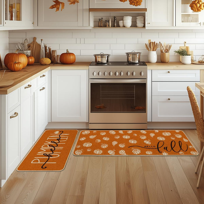 Orange Hello Pumpkin Fall Kitchen Mats Set of 2 - 17x29+17x47"