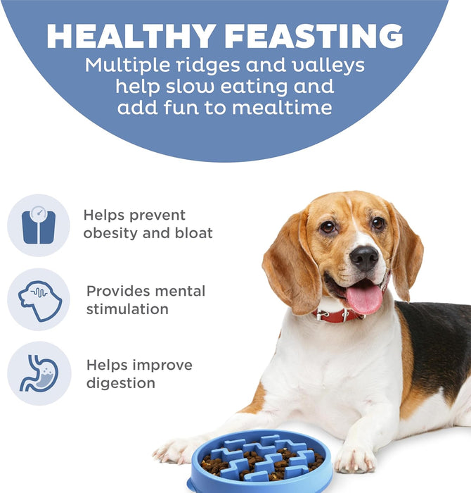 Fun Feeder Slo Bowl – Medium 2‑Cup Capacity, Slow Feeding, Small to Medium Dogs & Cats, Non-Slip, Blue, Notch Pattern