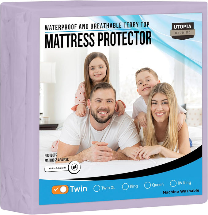 Waterproof Mattress Protector Twin Size, Premium Terry Mattress Cover 200 GSM, Breathable, Fitted Style with Stretchable Pockets (White)