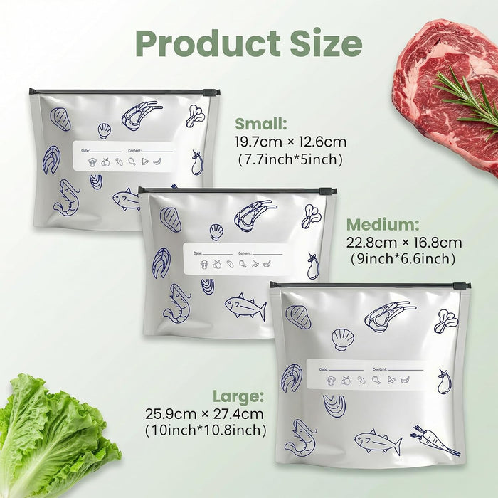 Reusable Aluminum Foil Sealable Storage Bags 30 Pcs, Thicken Stand Up Zip Lock Bags with Label for Food Vegetable Fruit 